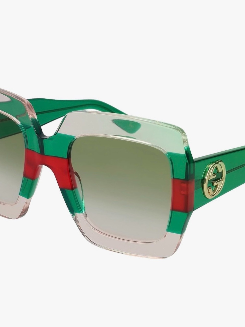 Gucci Green Red Transparent Square Sunglasses with Gold Emblem comes with case